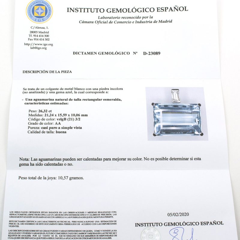 Colgante y cadena de oro blanco 750 con aguamarina y diamante - Certificado IGE - Adamas Ibérica