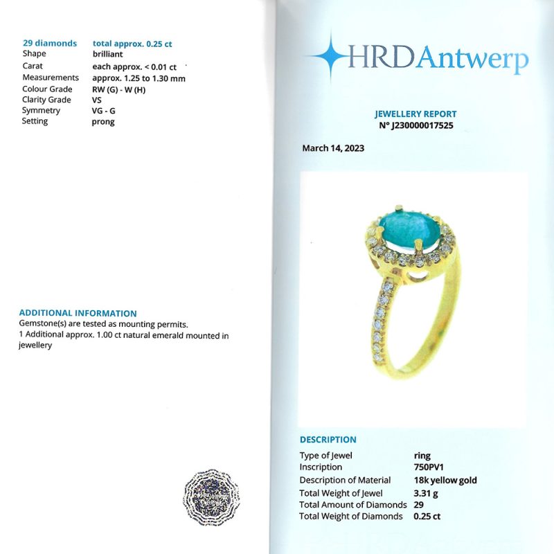 Anillo de oro amarillo 750 con esmeralda de 1 ct. y 0,25 ct. de diamantes con informe de joyería HRD.-Adamas Ibérica.